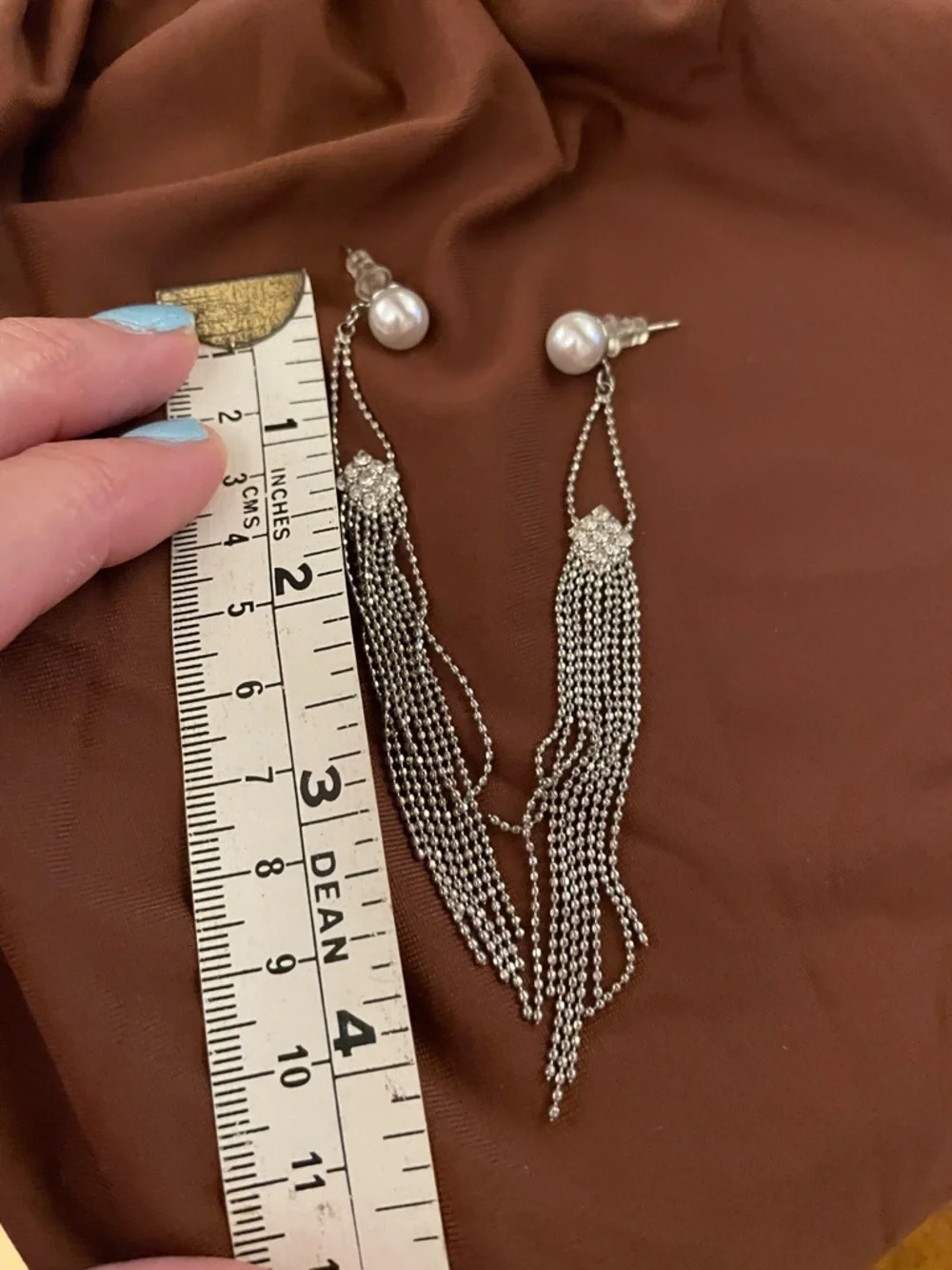 Silver Pearl Top Tassel Drop Earrings - Picture 3 of 3